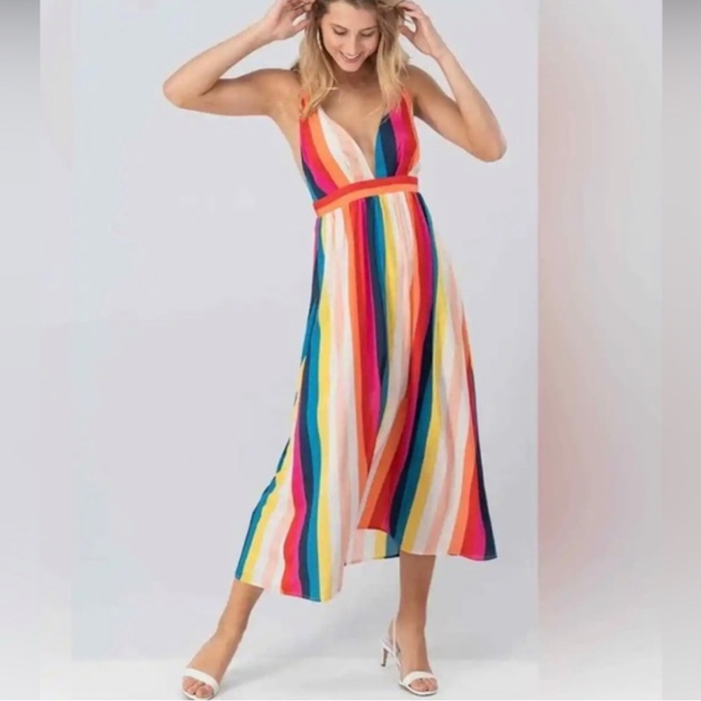 TR Notes Multicolor Striped Empire Waist Midi Dress